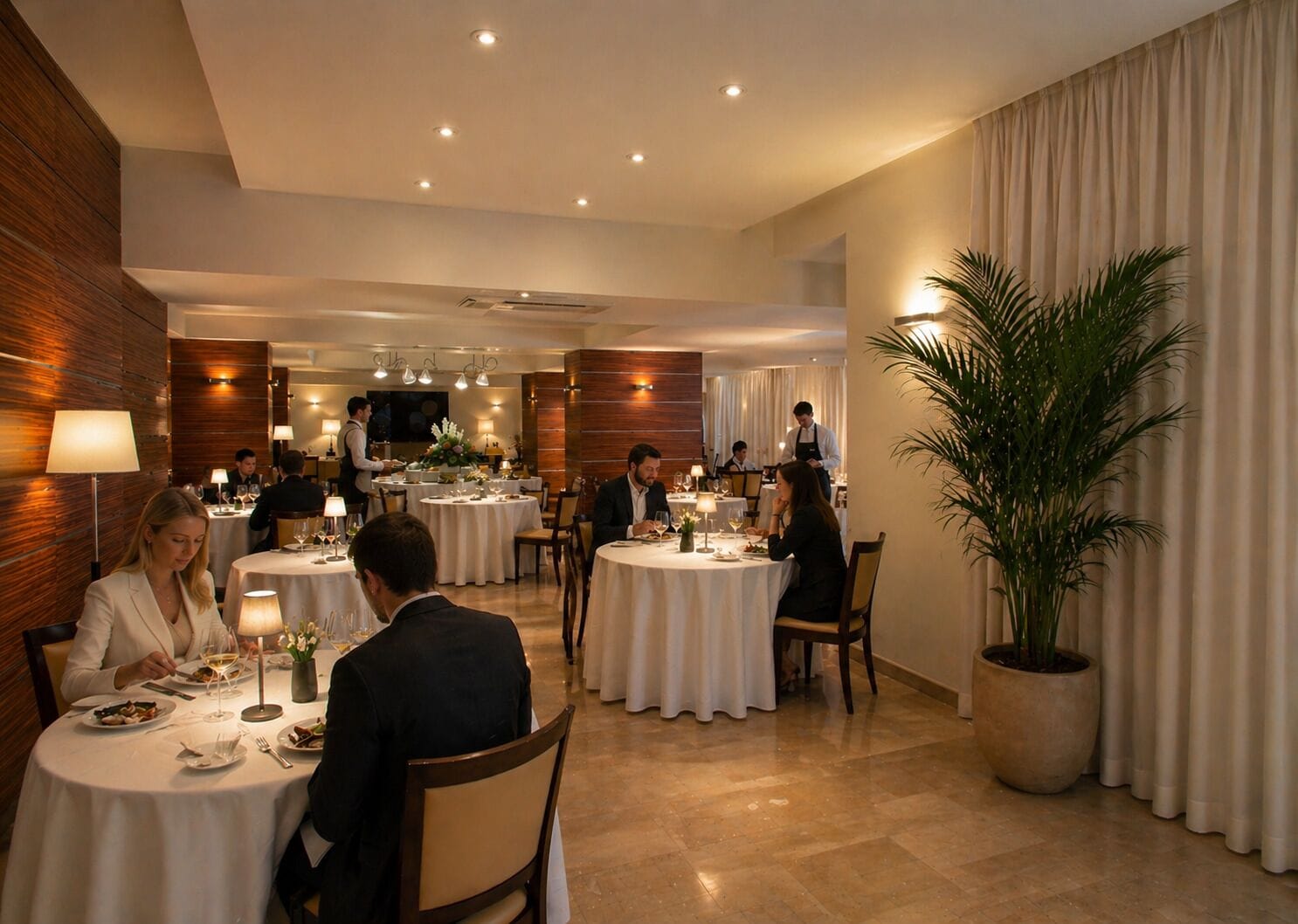Un comedor de hotel con mesas redondas, personal de servicio y una planta grande en maceta.