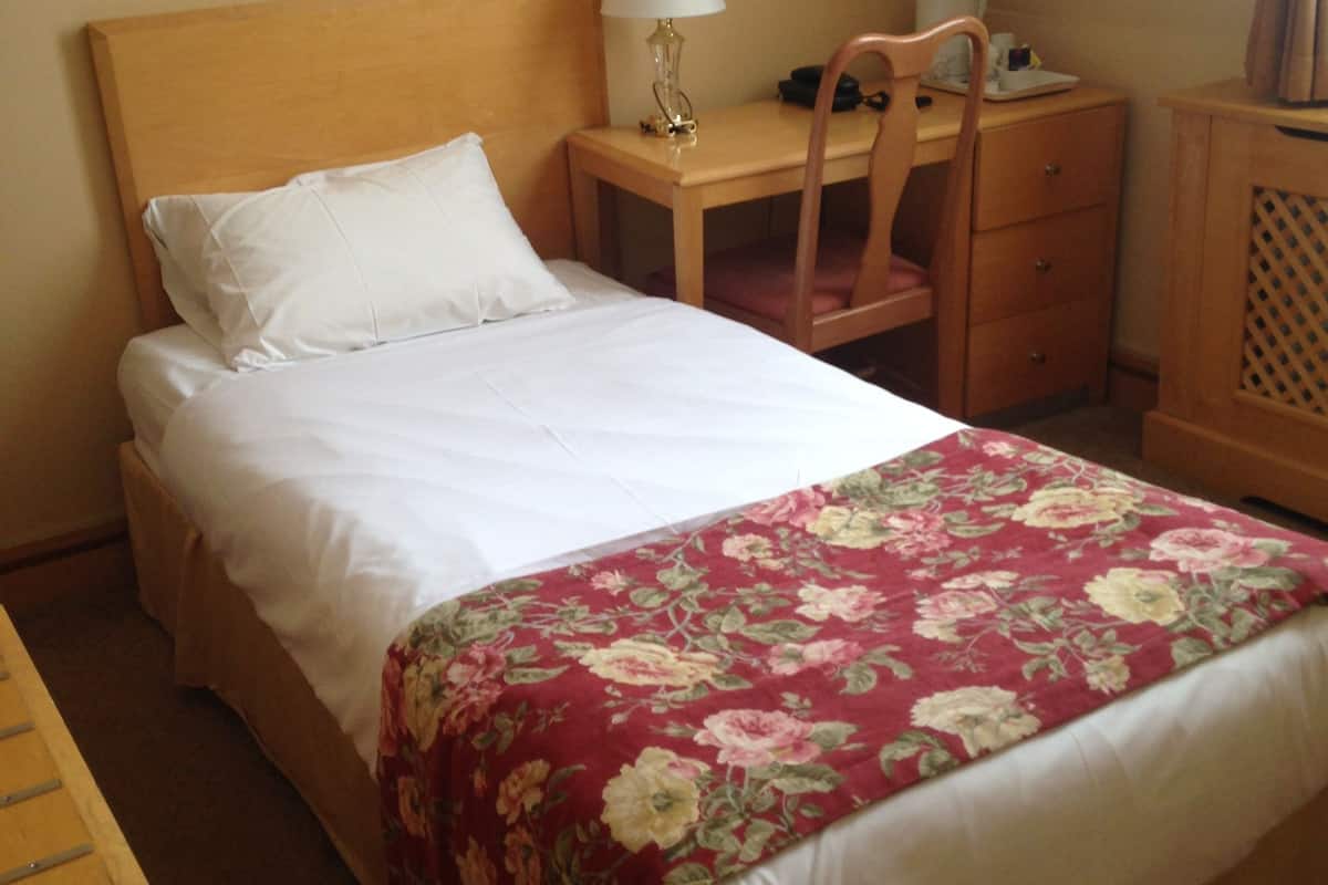 A single bed with a wooden headboard, a bedside table with a lamp, a chair, and a small wooden cabinet.