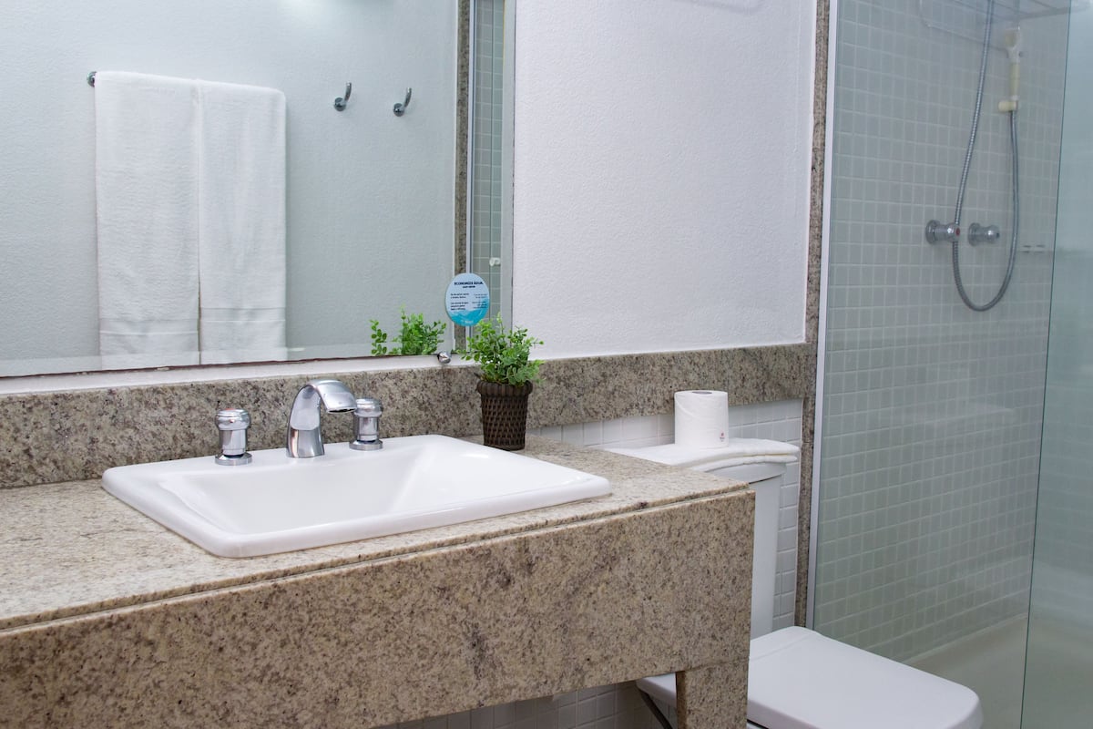 shower, free toiletries, hair dryer, towels