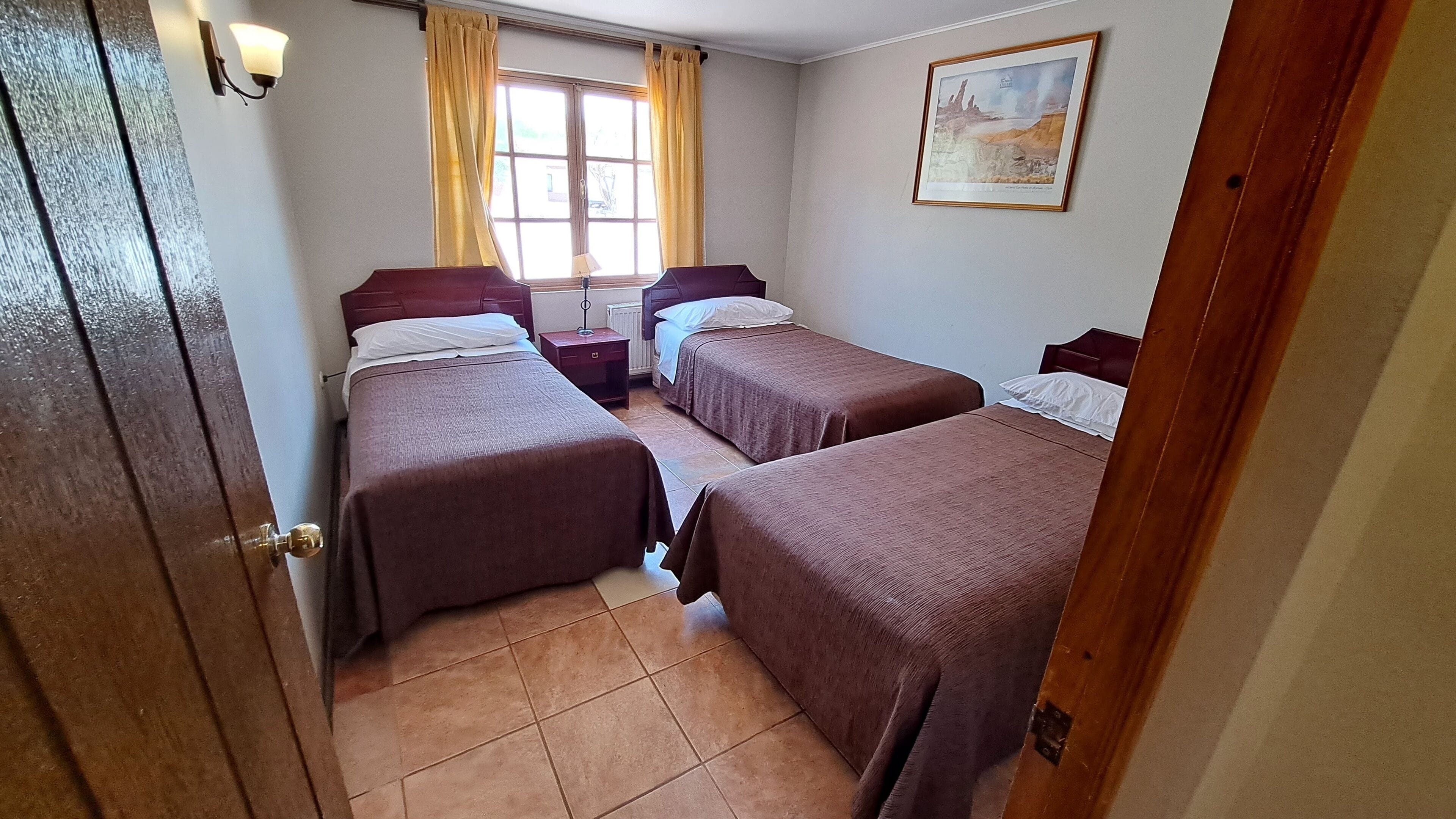 A room with two single beds, a window with curtains, a painting on the wall, and a door.