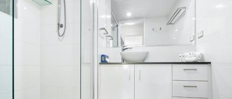 A modern bathroom with a glass shower enclosure, a white sink, and a large mirror.