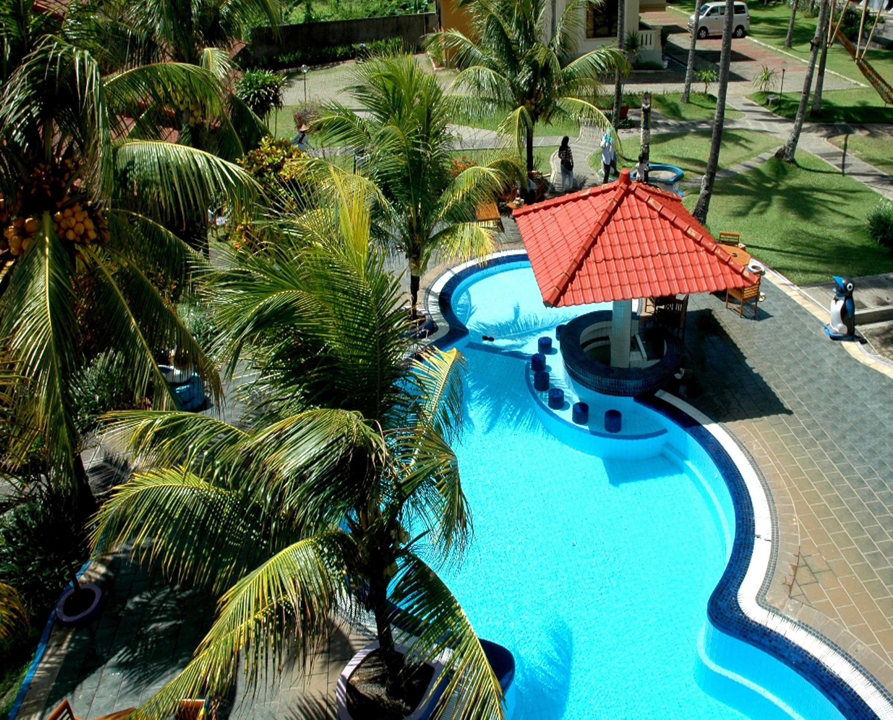 A swimming pool with a red-roofed structure, surrounded by palm trees and a paved walkway.
