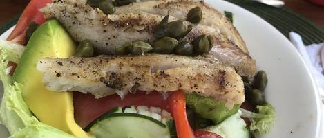 A plate of food with a fish fillet, avocado, cucumber, tomato, and lettuce.