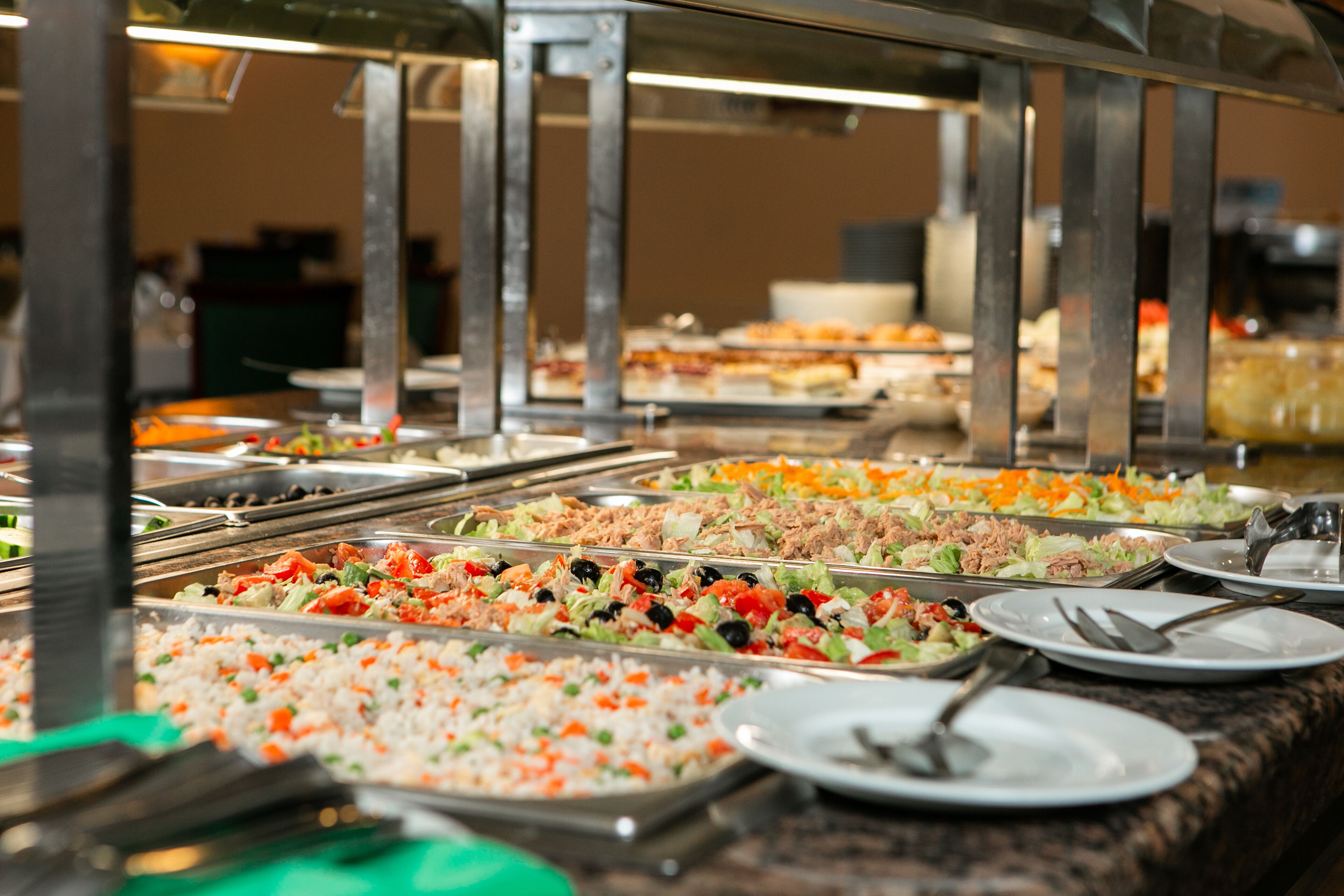 Un bufé con diversas opciones de comida, incluyendo ensaladas, platos de arroz y carnes.