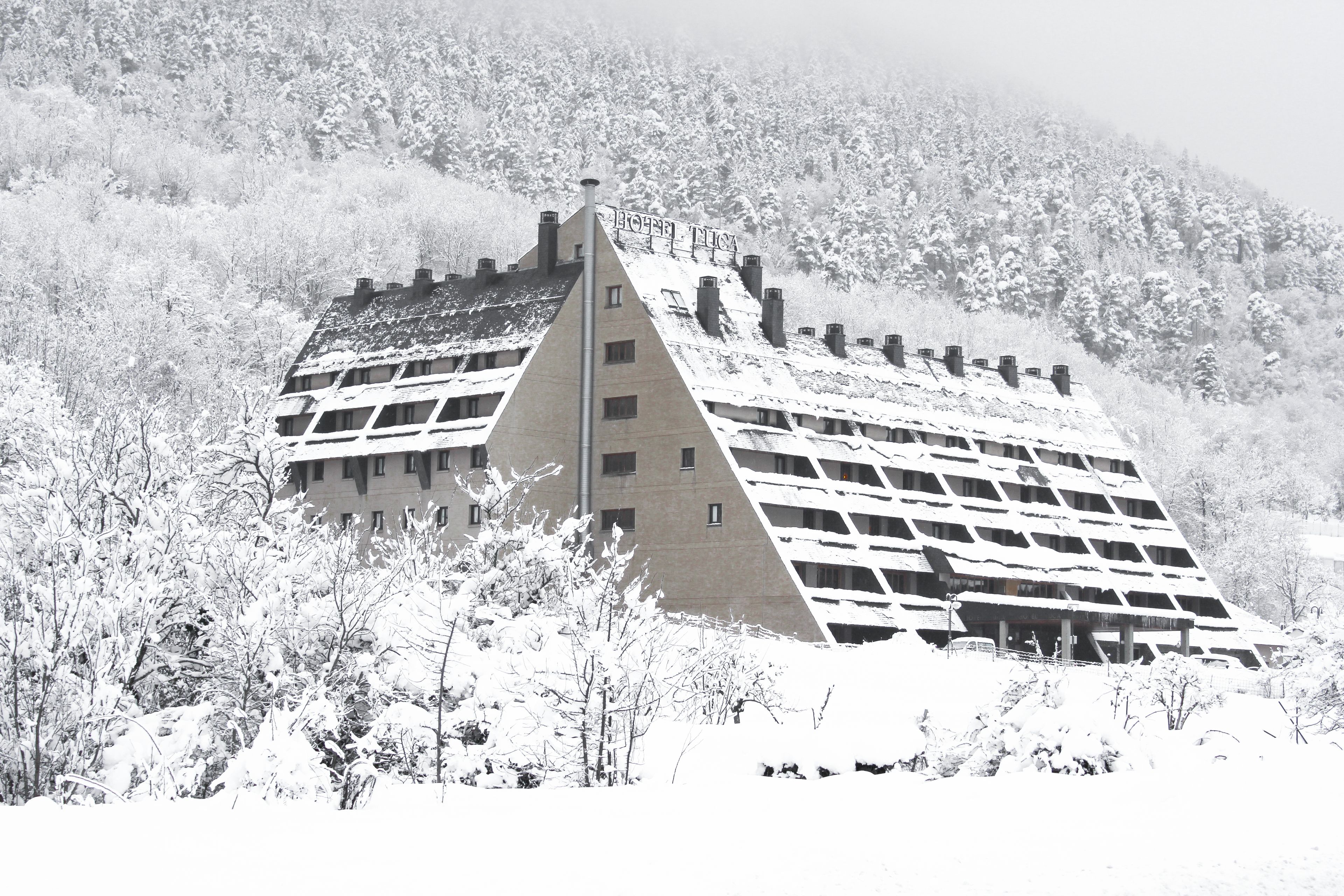 Un hotel con una estructura de techo triangular distintiva, rodeado de árboles cubiertos de nieve.