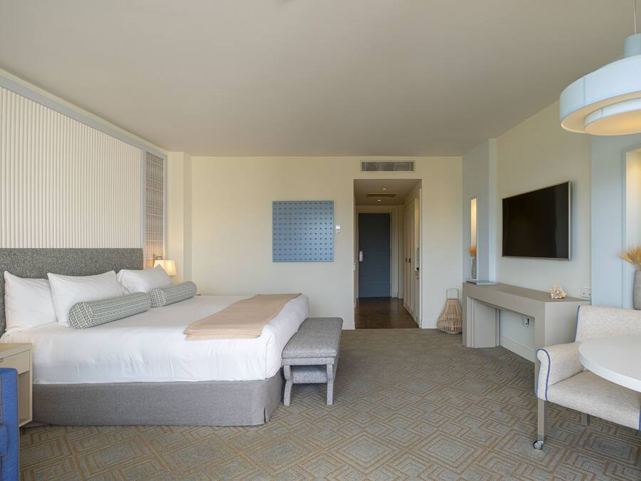 Una habitación de hotel con una cama grande, un escritorio, una silla y un televisor.