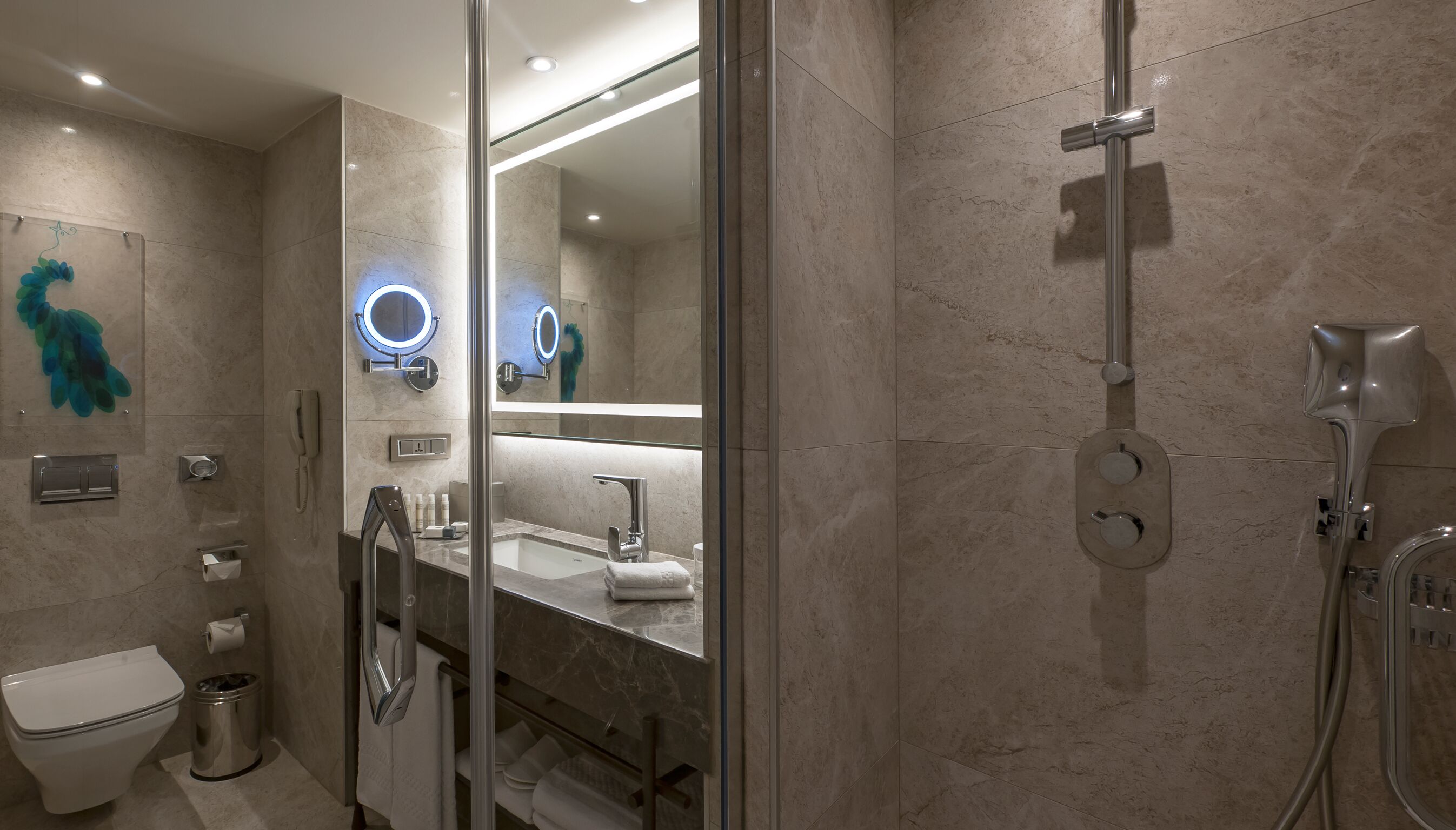 A modern bathroom with a glass-enclosed shower, a vanity with a mirror, and a toilet.