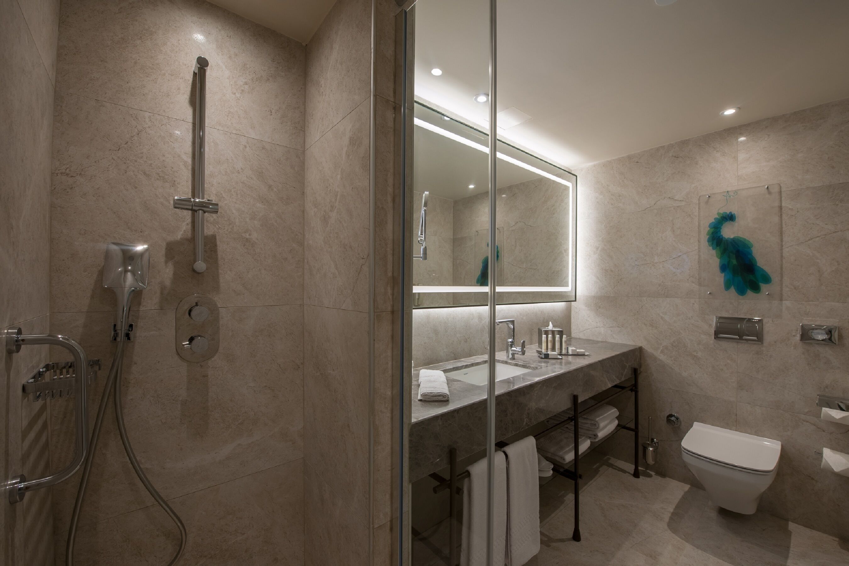 Bathroom | Shower, designer toiletries, hair dryer, slippers