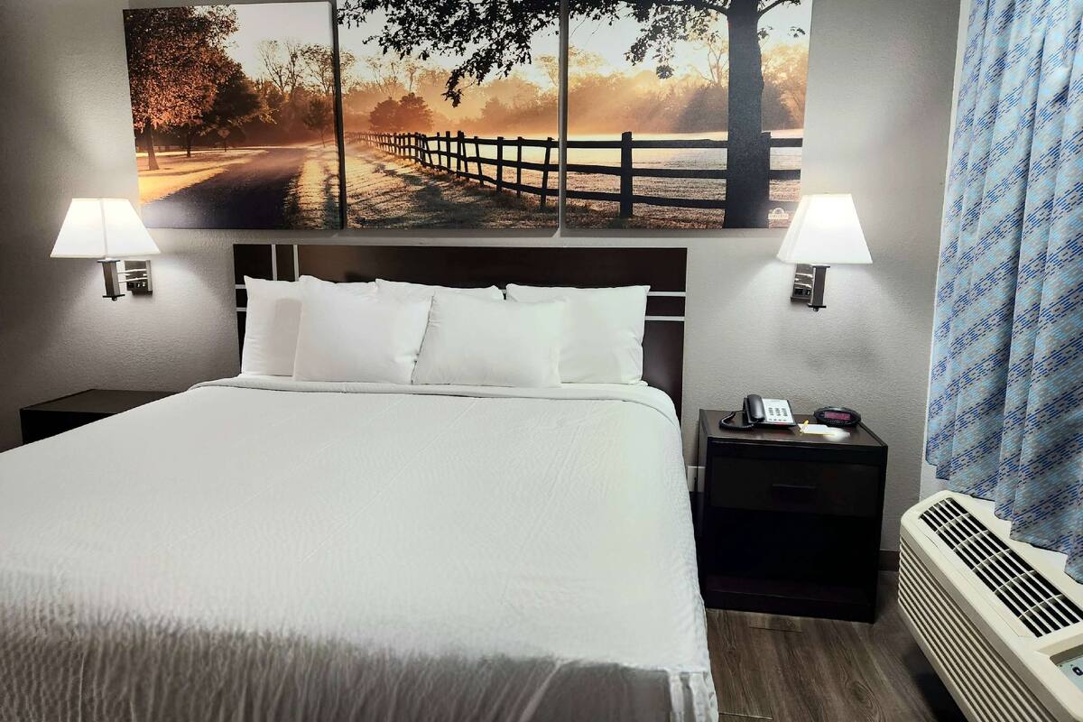 A hotel room with a large bed, two bedside tables with lamps, a nightstand with a phone, a wall-mounted heater, and a large painting above the bed.