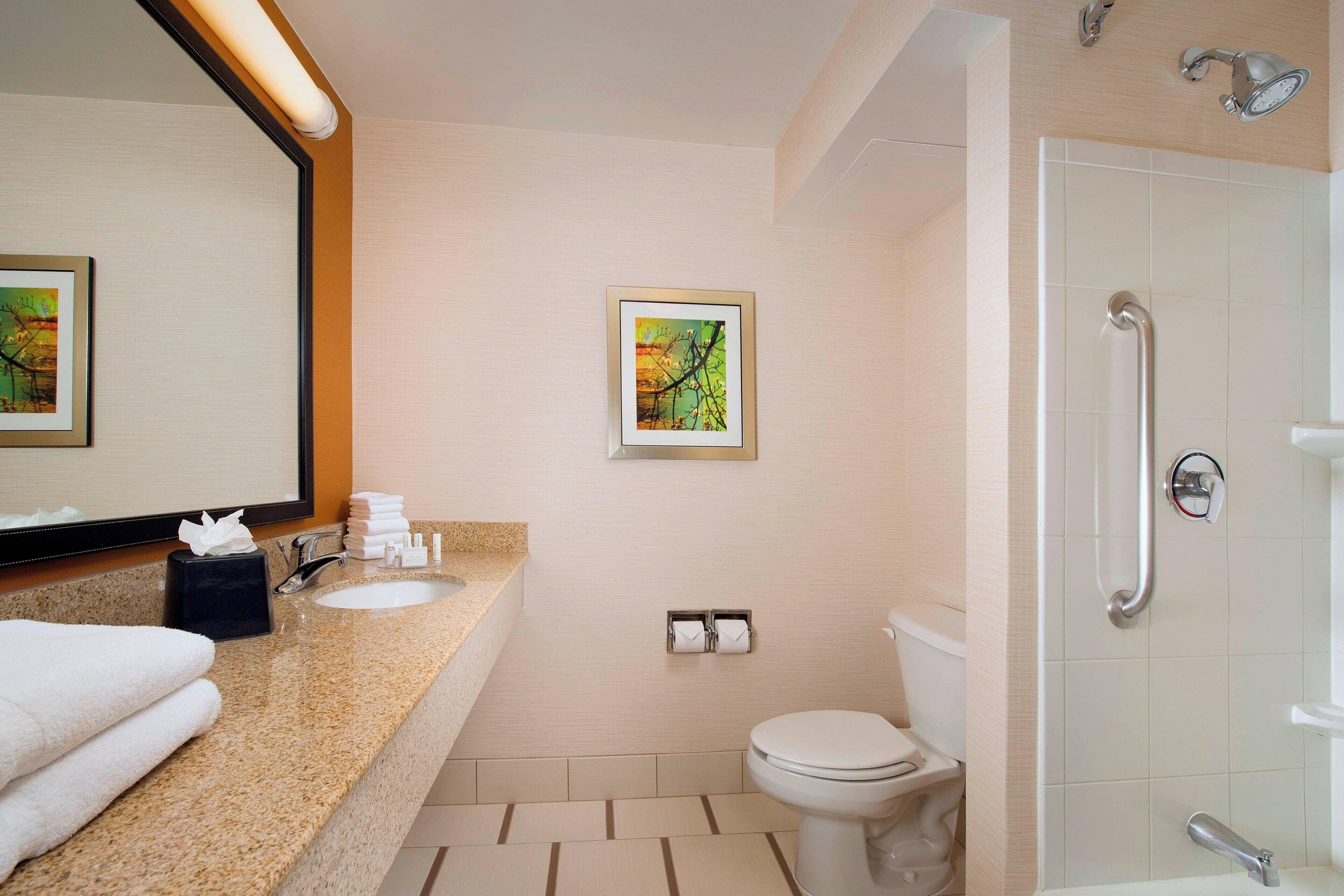 combined shower/bathtub, free toiletries, hair dryer, towels