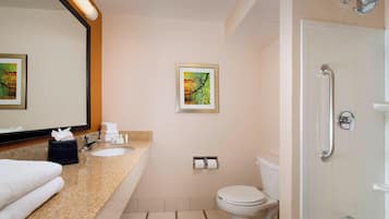 Un baño moderno con encimera de granito, inodoro, ducha con barra de apoyo y cuadros en la pared.