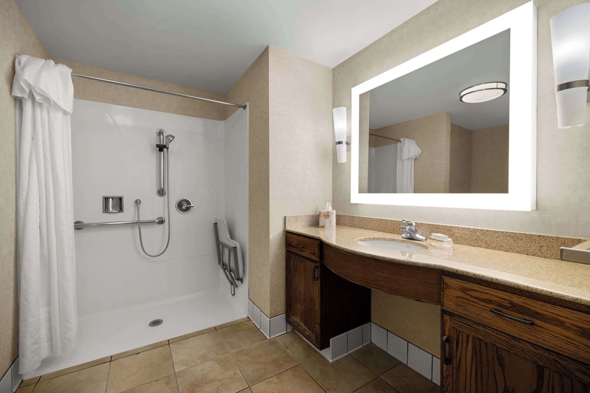 Un baño moderno con cabina de ducha, tocador con lavamanos y un espejo grande.