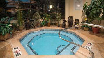 An indoor swimming pool with a glass enclosure, surrounded by potted plants and decorative items.