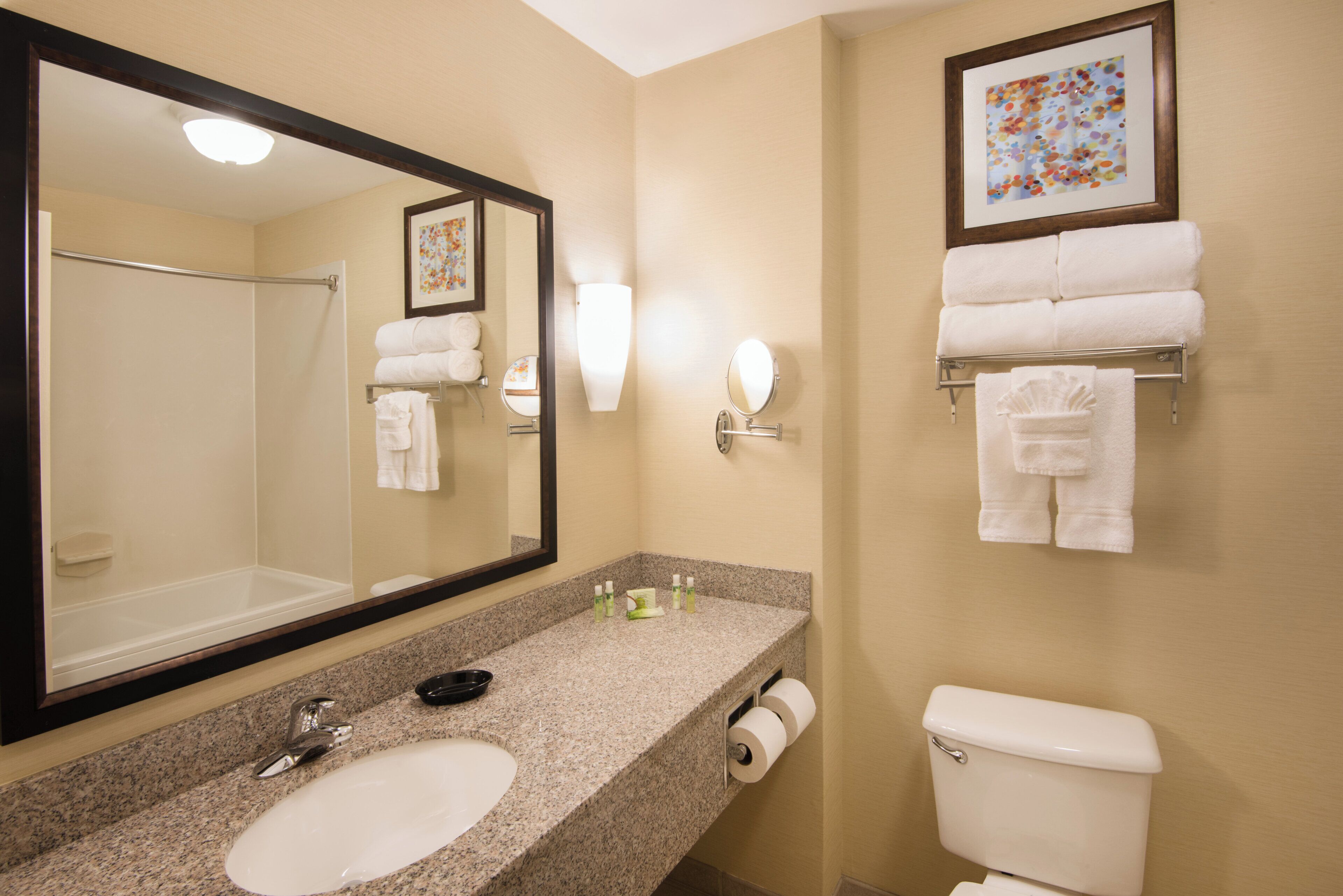 A bathroom with a sink, mirror, toilet, towel rack, and a framed picture on the wall.