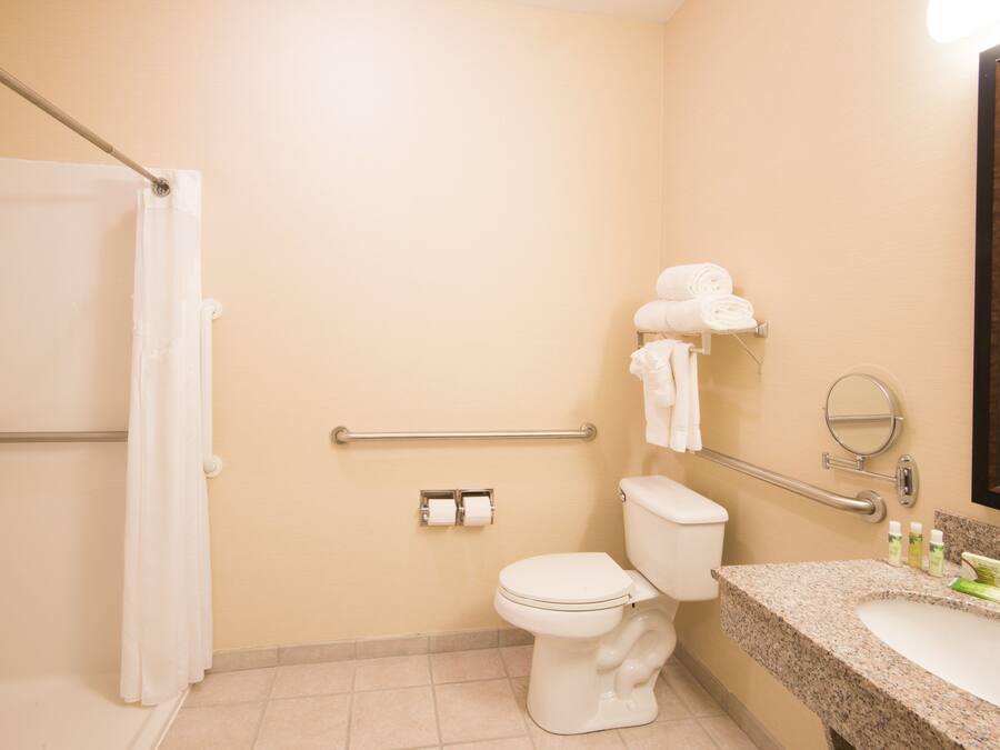 A bathroom with a toilet, sink, and handrails.