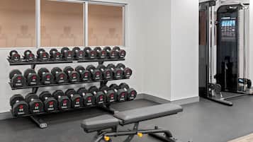 A gym with a bench, dumbbells, and a squat rack.
