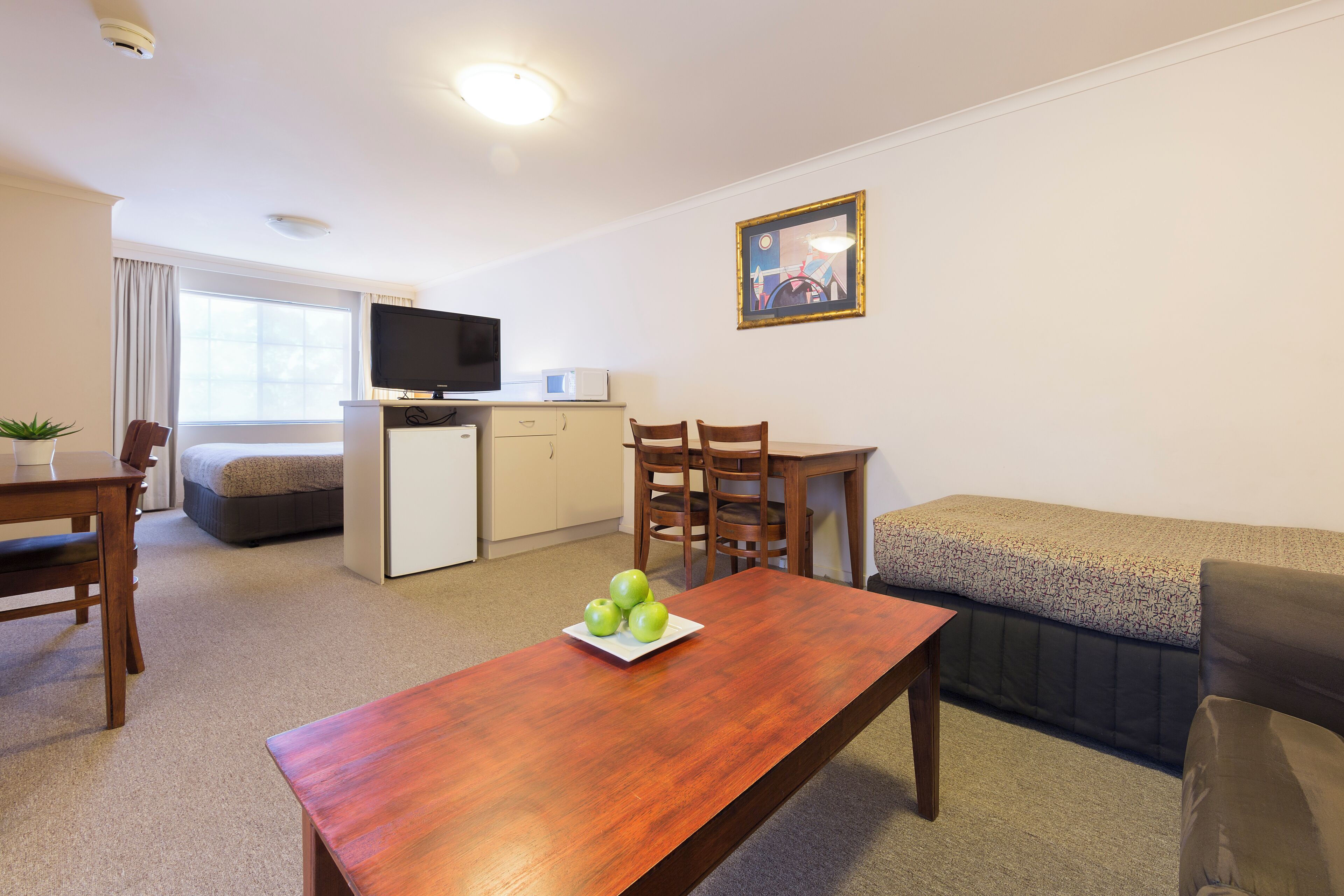 A compact living space with a wooden dining table, a sofa, a TV, and a kitchenette.