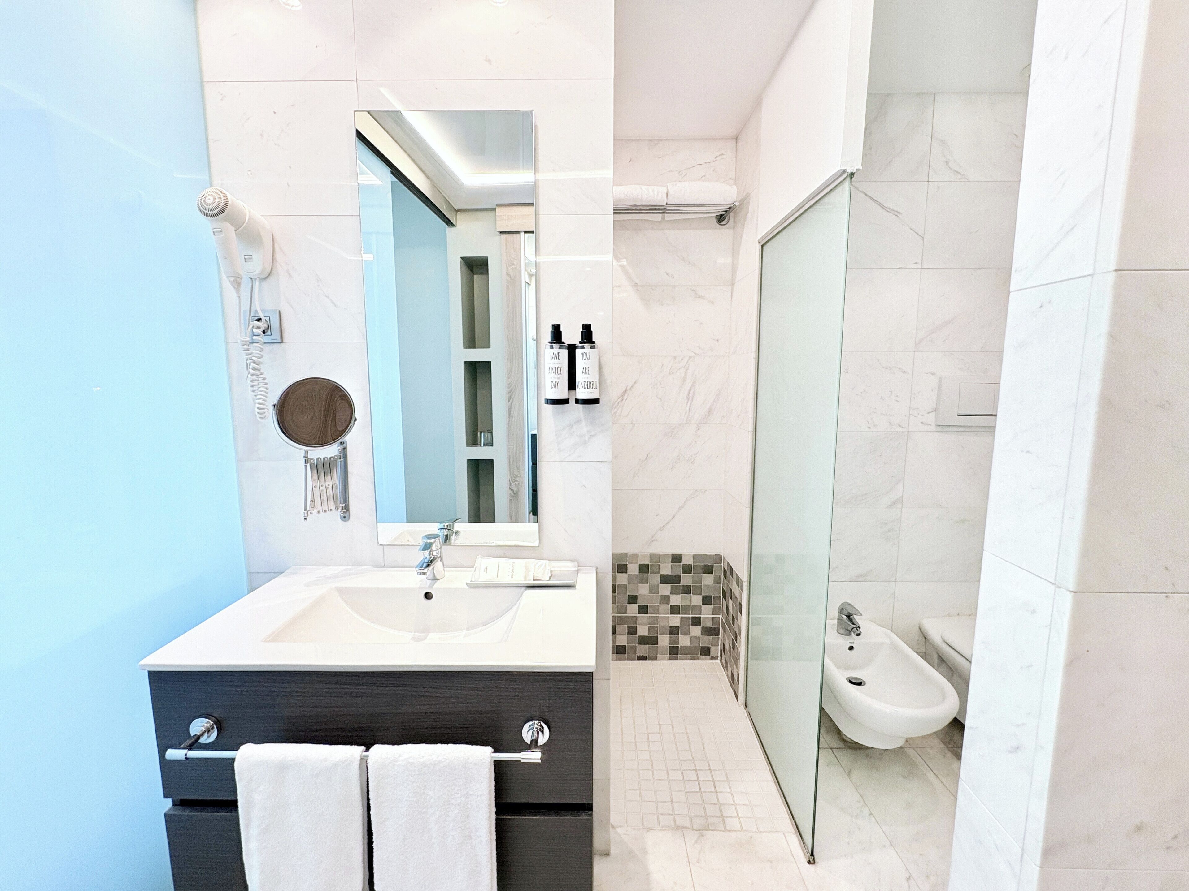 superior room, terrace | bathroom | hair dryer, bidet, towels