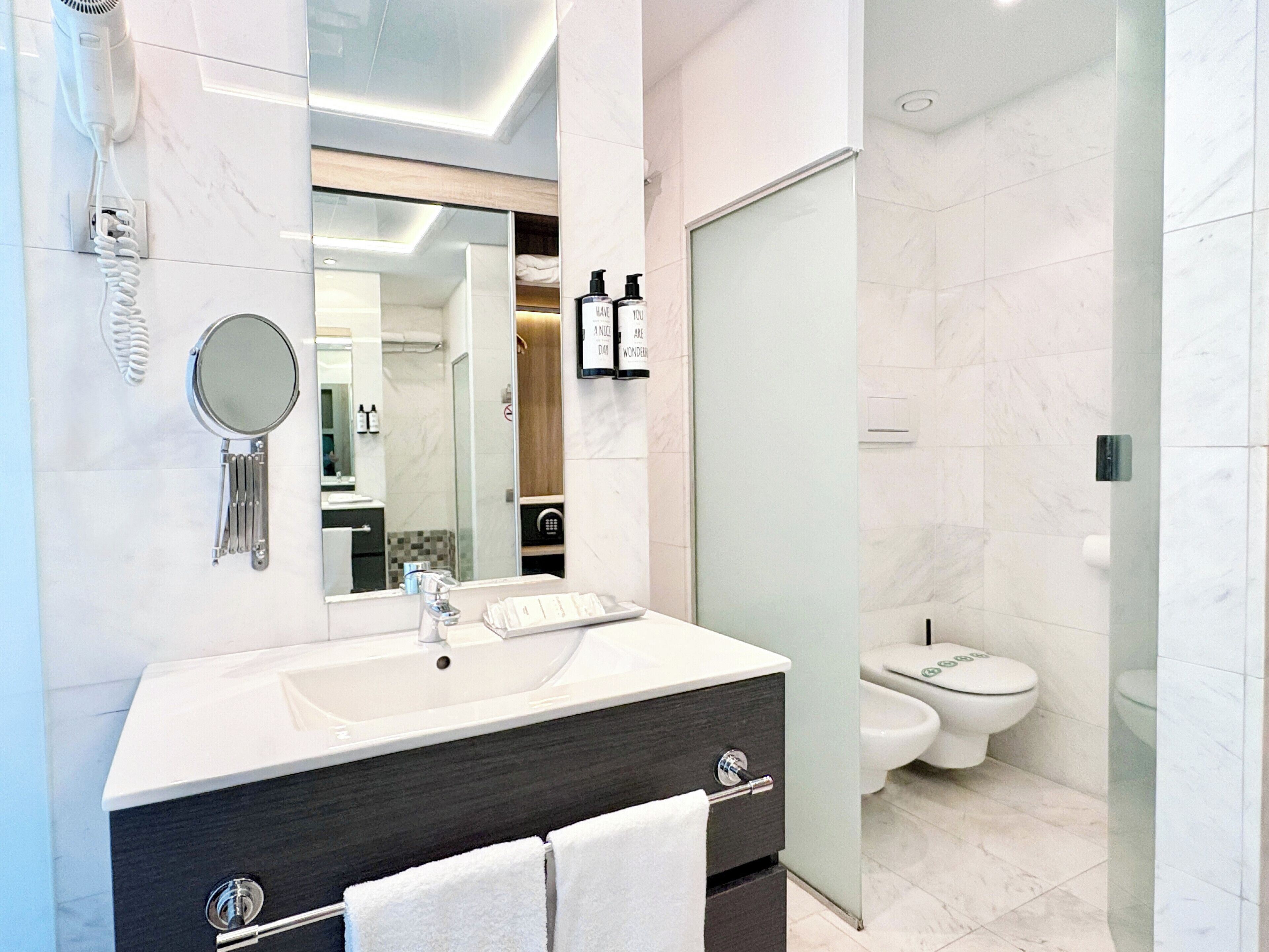 hair dryer, bidet, towels