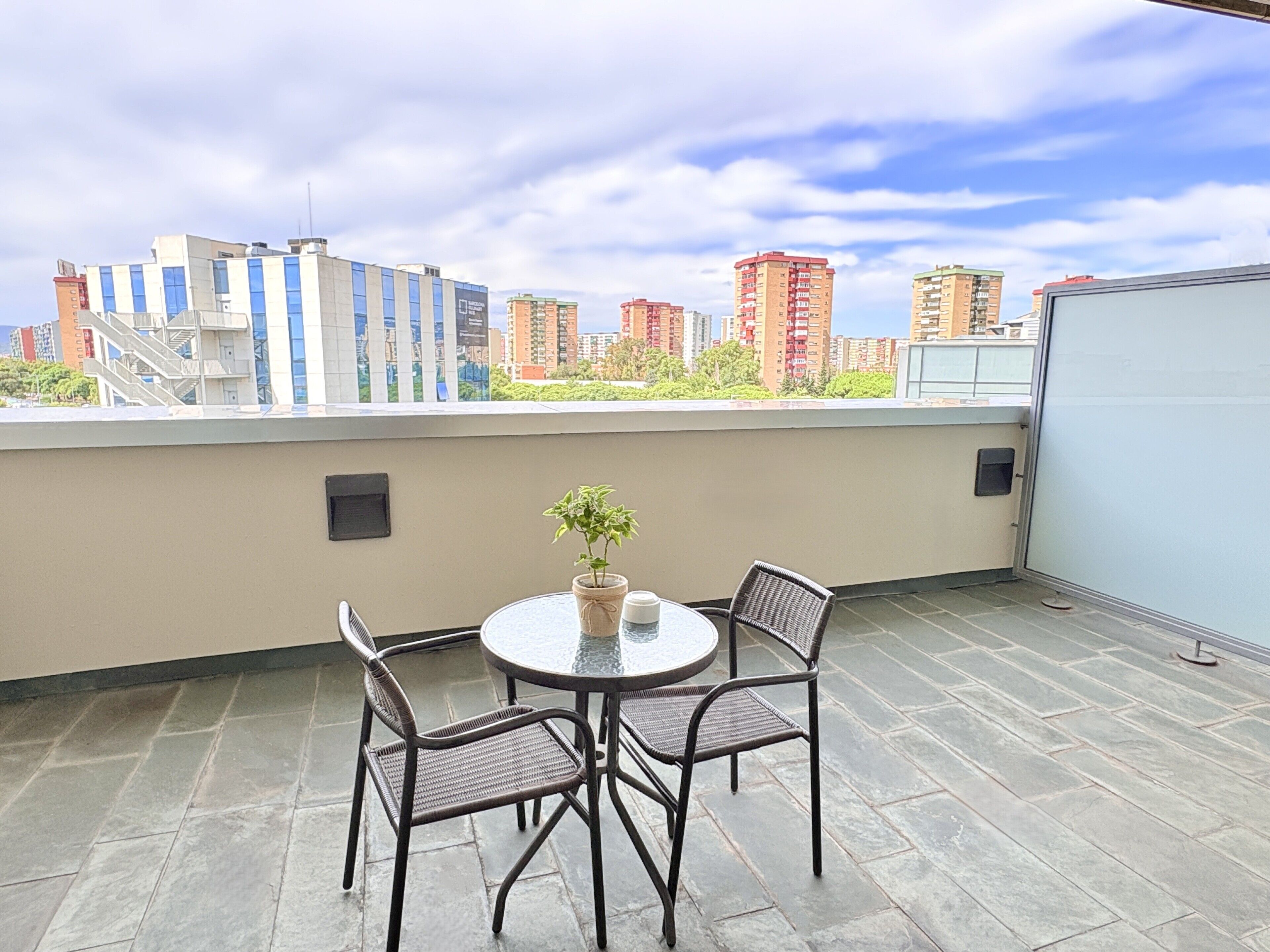 Une terrasse sur le toit, avec une table ronde et deux chaises, un pot de fleurs et une vue sur le paysage urbain, avec ses nombreux immeubles de grande hauteur.