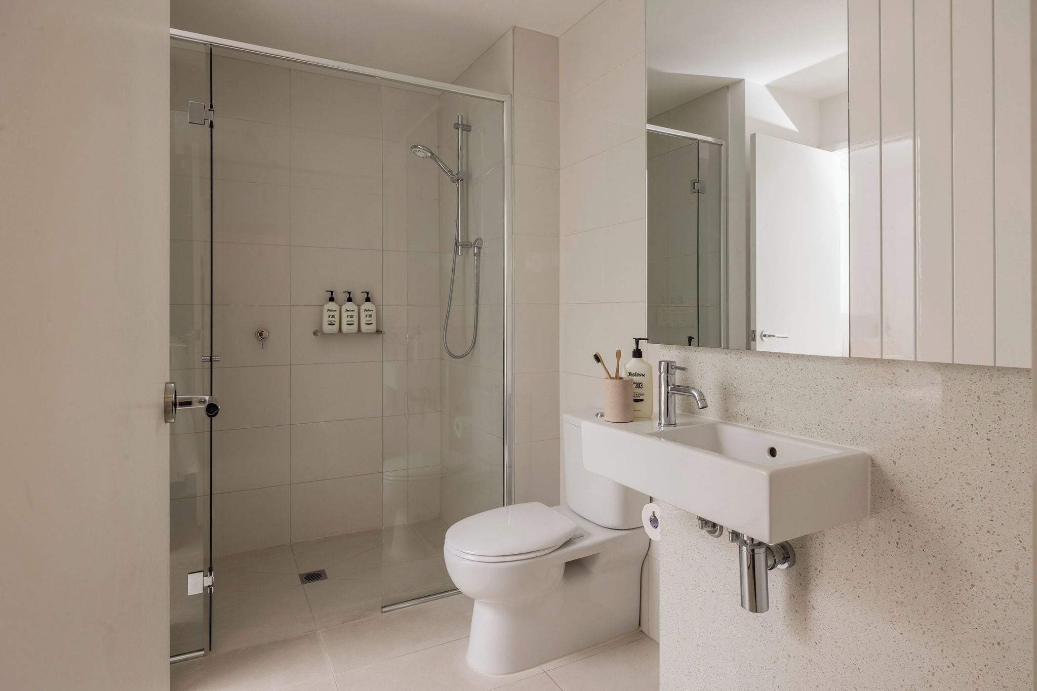 Une salle de bain moderne avec une douche à parois de verre, des toilettes et un lavabo avec un miroir au-dessus.