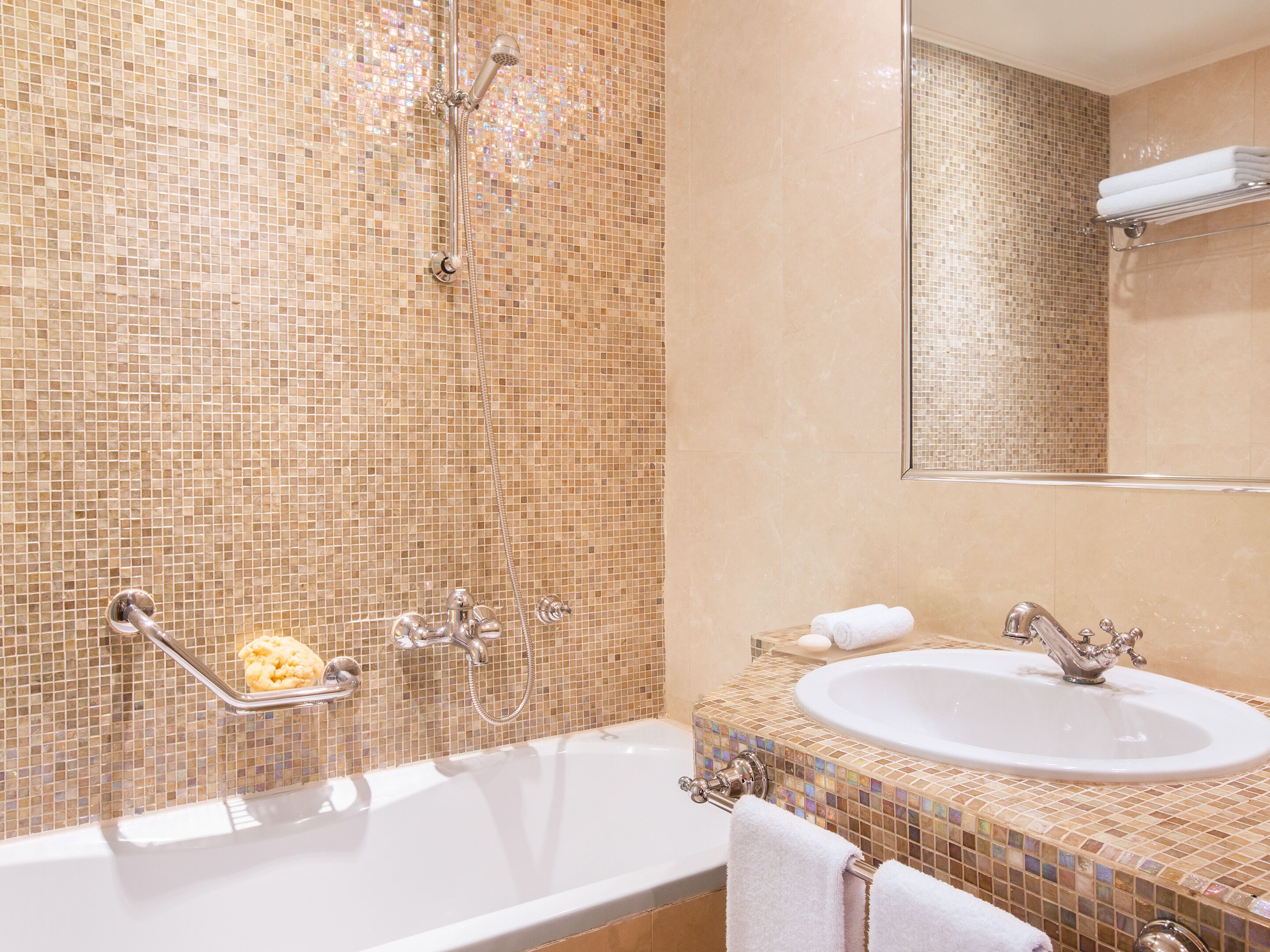 combined shower/bathtub, free toiletries, hair dryer, bathrobes