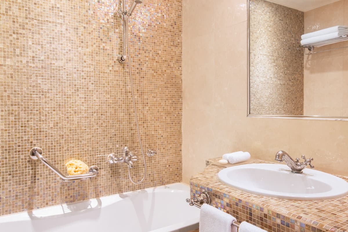 combined shower/bathtub, free toiletries, hair dryer, bathrobes