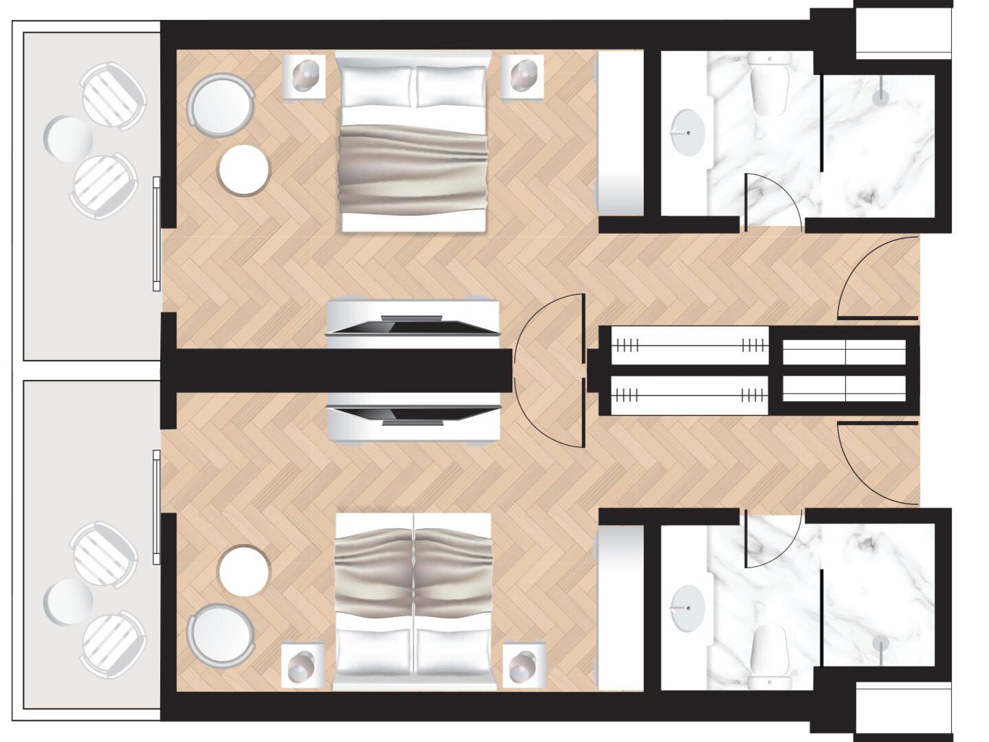 Distribución de una habitación de hotel con cama, dos zonas de estar, baño y kitchenette.