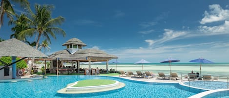 Outdoor pool, open 7:00 AM to 7:00 PM, pool umbrellas, sun loungers