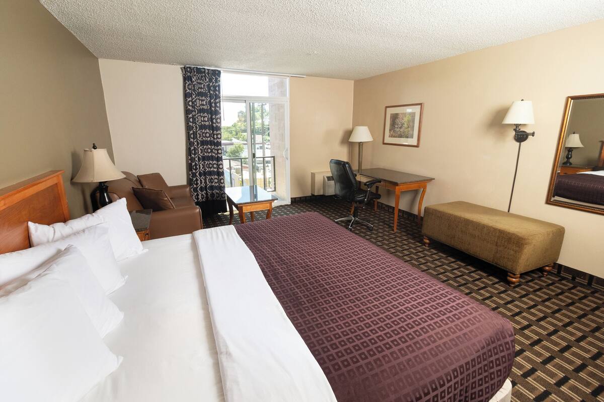 A hotel room with a large bed, a desk, a chair, a sofa, and a small table.