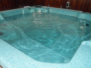 A hot tub with clear water, wooden walls, and a control panel.