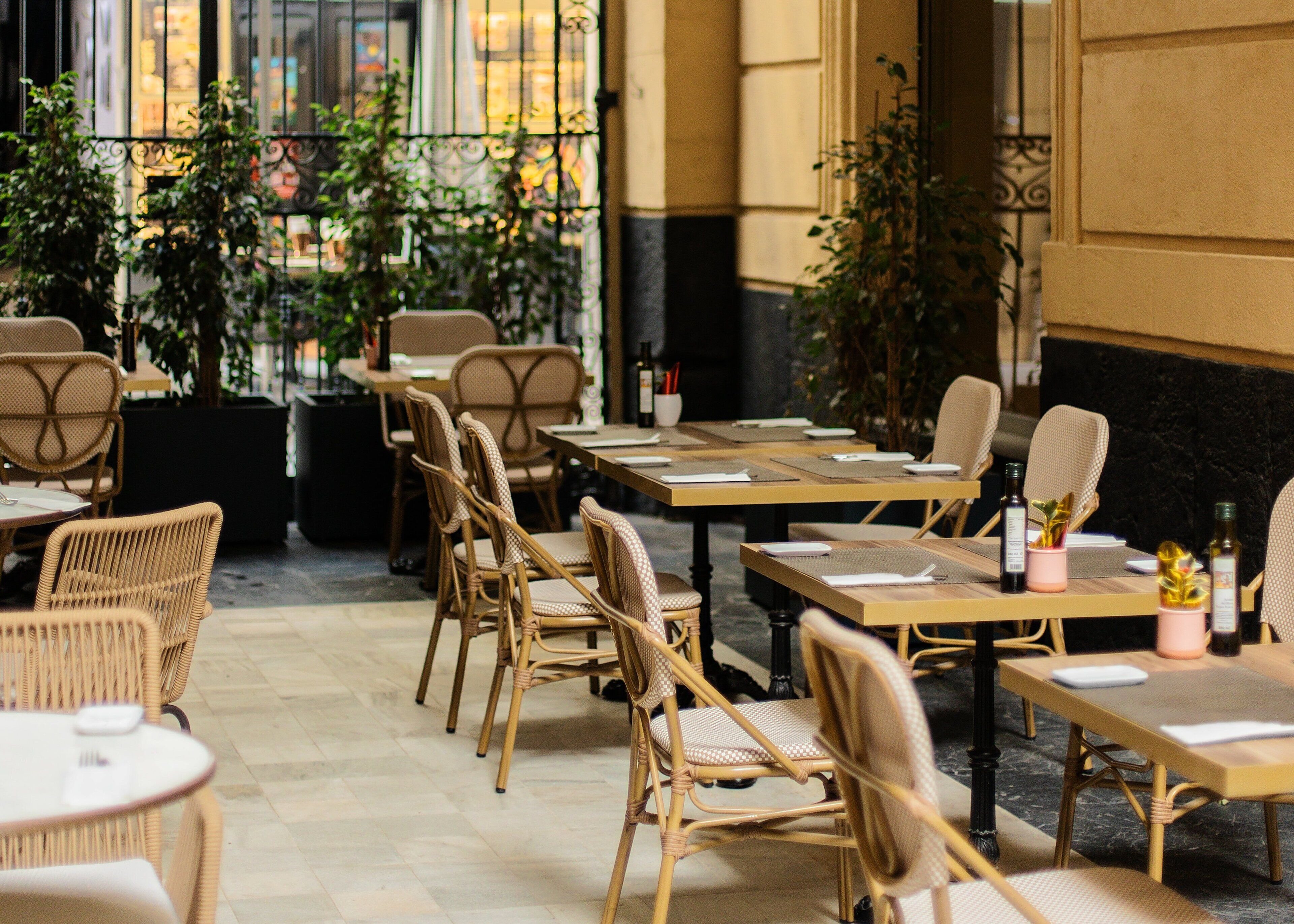 A restaurant with wicker chairs and tables, indoor plants, and a view through a window.