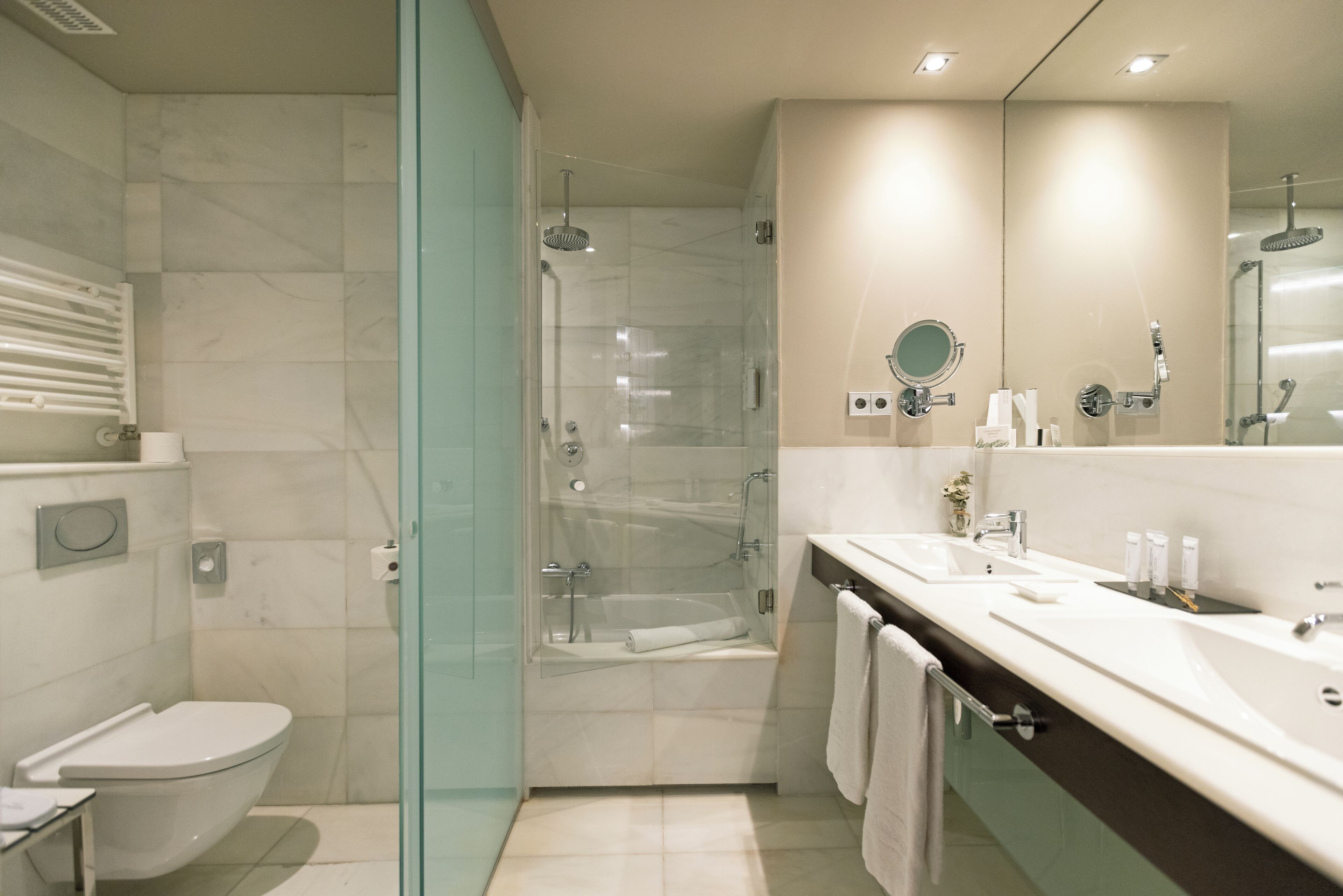 Un baño moderno con ducha envuelta en vidrio, inodoro separado y tocador con un espejo grande.