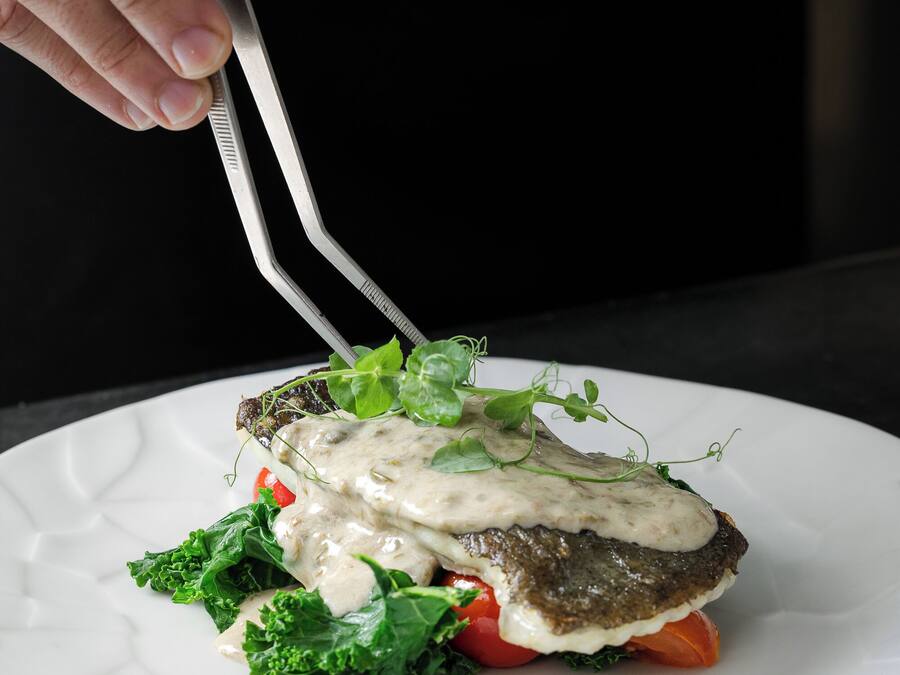 A plate with a fish fillet, greens, and a creamy sauce.