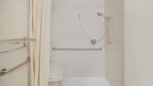 A bathroom with a shower, grab bars, and a toilet. - Microtel Inn & Suites by Wyndham Holland (Holland)