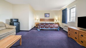 Een hotelkamer met een bed, een televisie, een bureau, een stoel, een magnetron en een kleine koelkast.