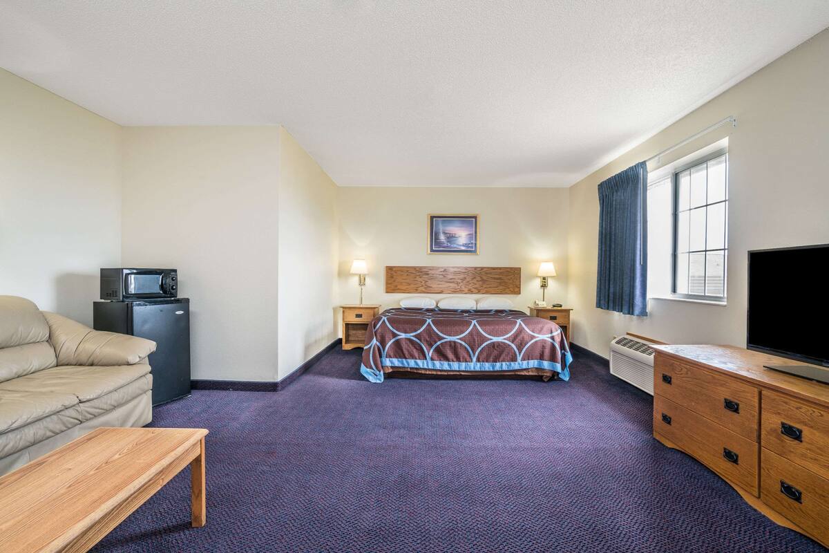 A hotel room with a bed, a TV, a desk, a chair, a microwave, and a small refrigerator.