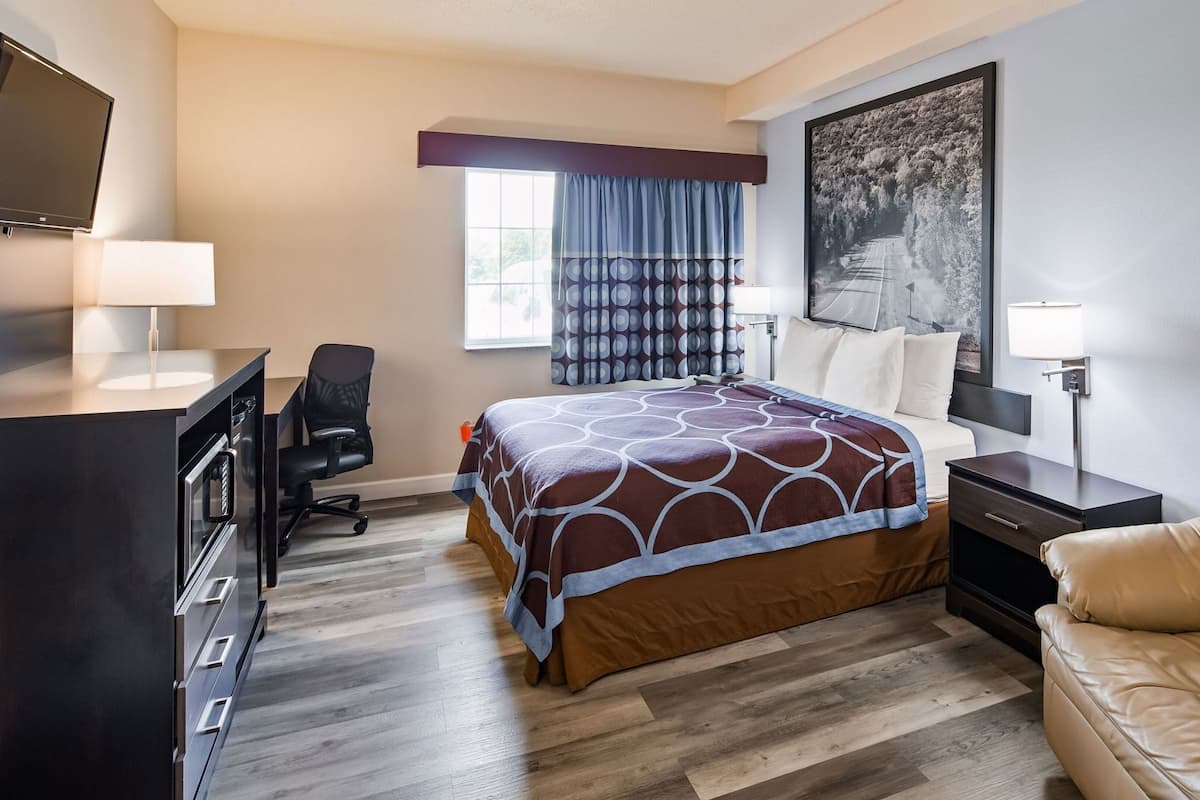A hotel room with a bed, a desk with a chair, a TV, a window with curtains, a sofa, and a painting on the wall.