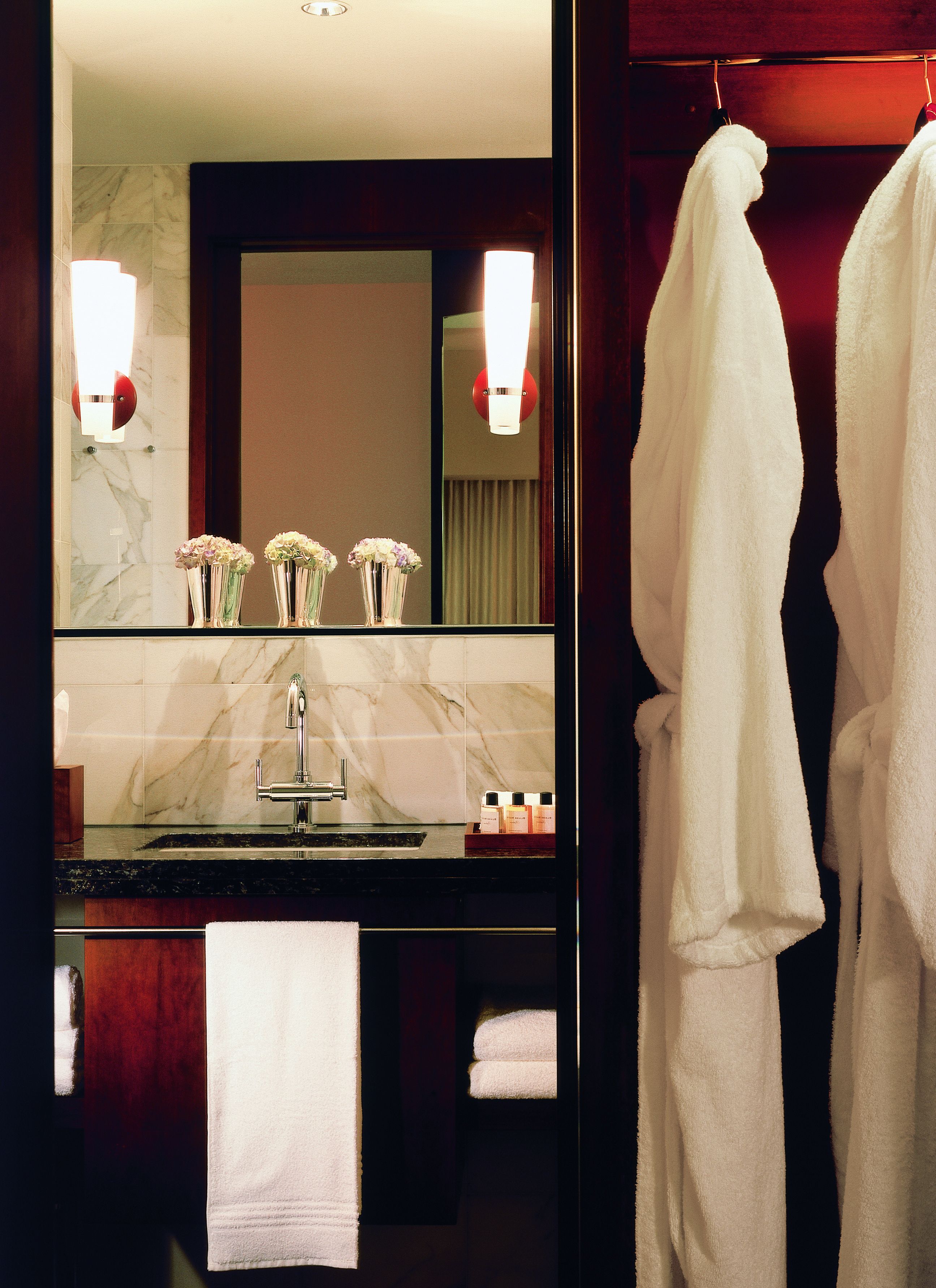 separate bathtub and shower, designer toiletries, hair dryer, bathrobes