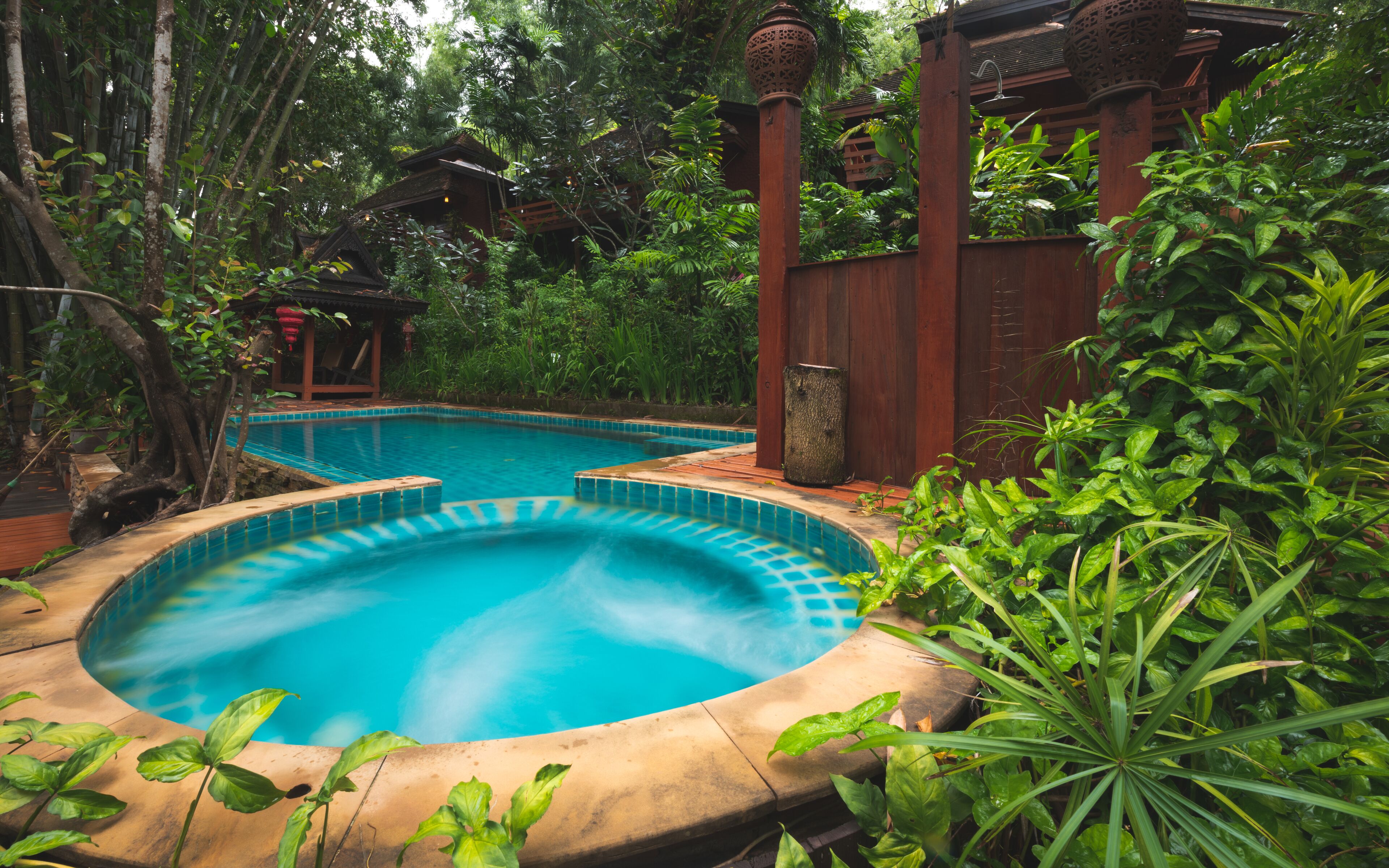 A pool surrounded by lush greenery and wooden structures.