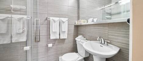 A modern bathroom with a glass shower enclosure, a white toilet, and a pedestal sink.