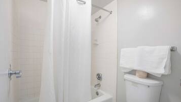 A bathroom with a shower, a bathtub, and a toilet.