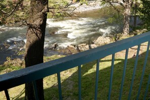 A river with a railing in the foreground.