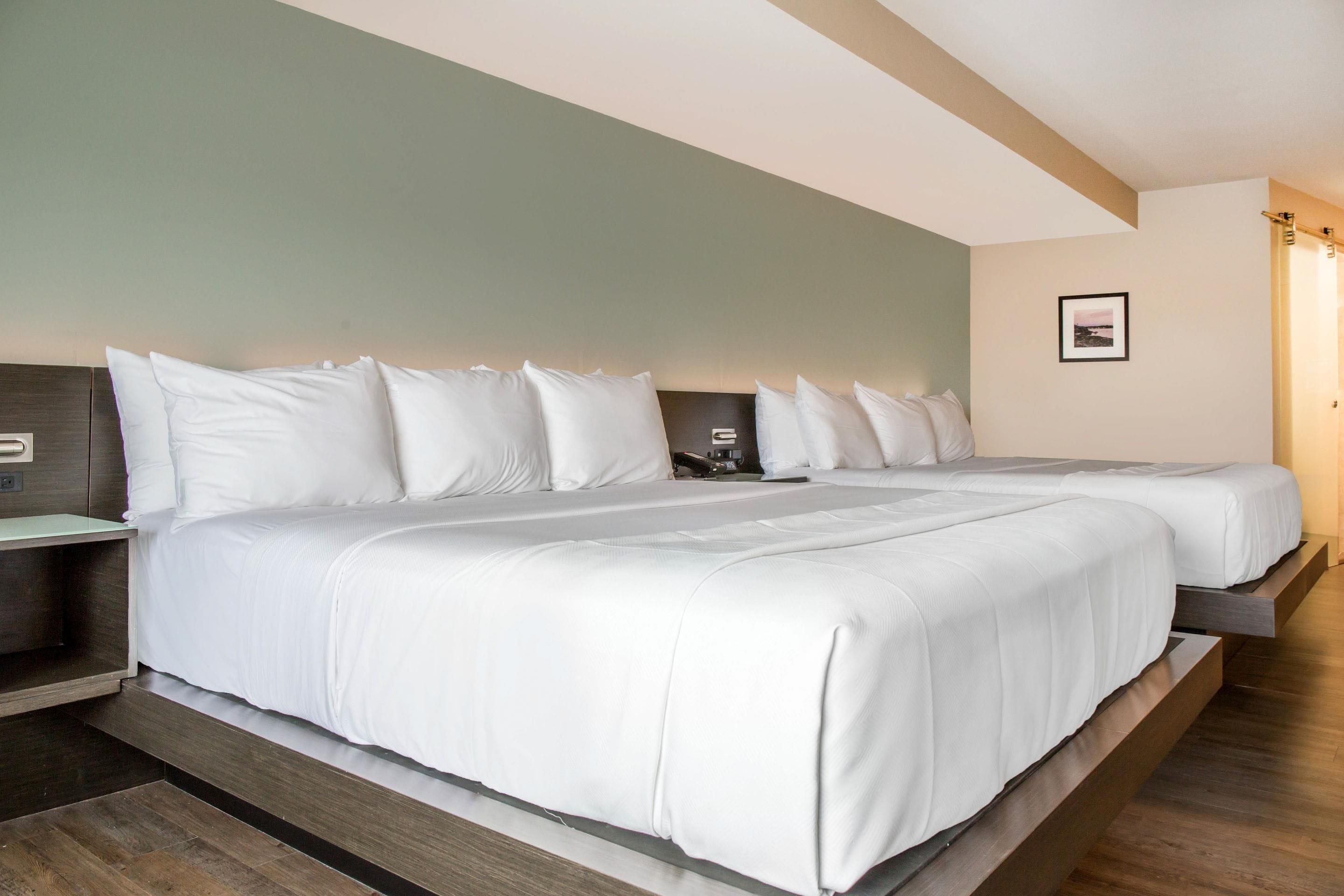 A hotel room with two beds, a wooden headboard, a nightstand, and a framed picture on the wall.