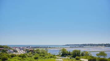 A coastal town with a clear view of the sea, a grassy area with a gazebo, and buildings along the waterfront.