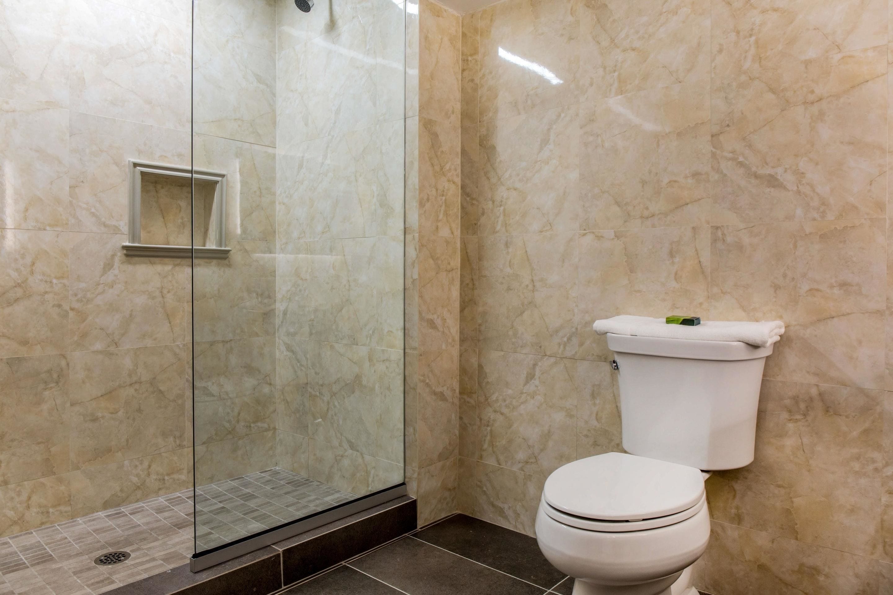 Un baño con ducha acristalada, inodoro y paredes de mármol.