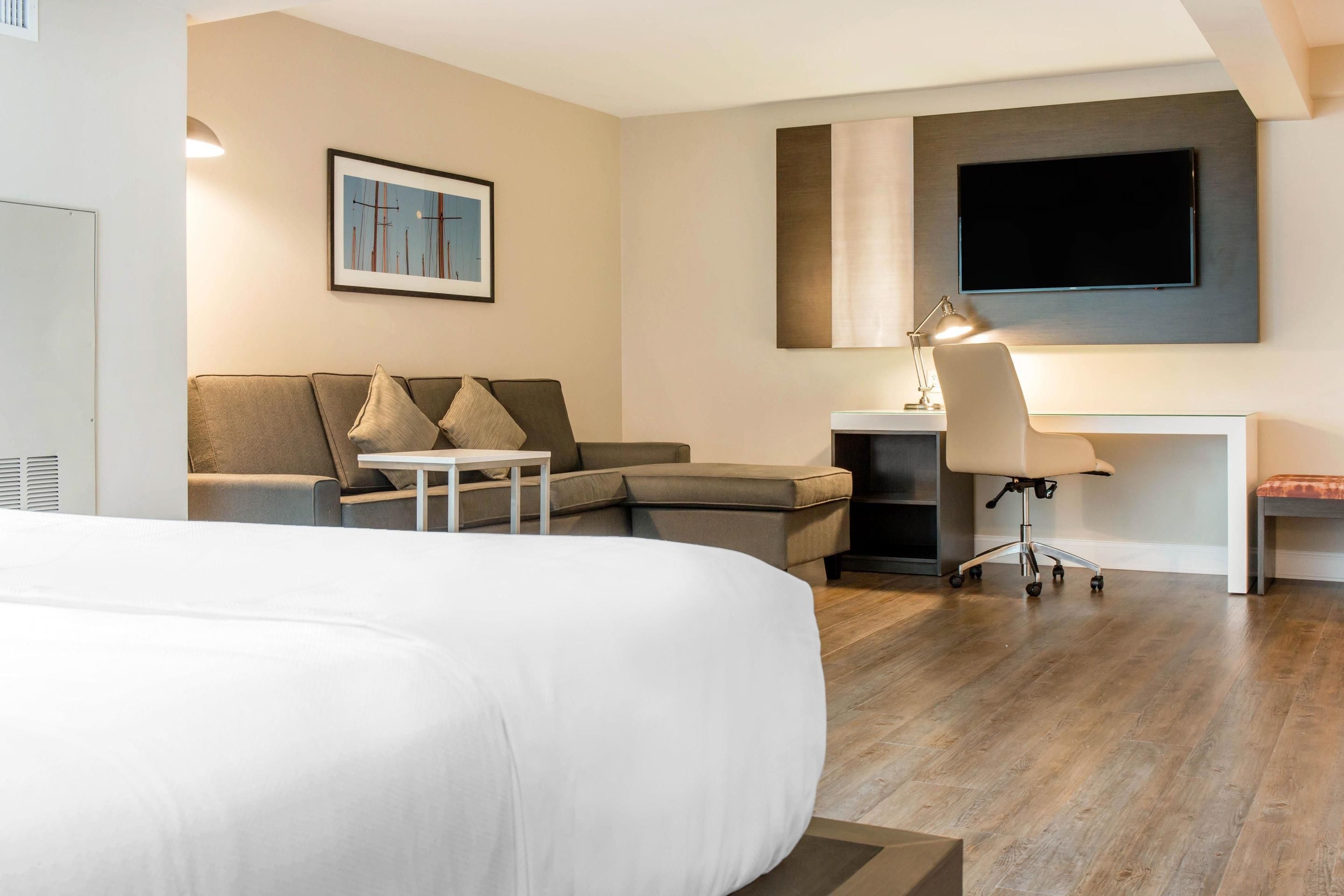 A modern hotel room with a large bed, a sofa, a desk with a chair, a flat-screen TV, and a framed picture on the wall.