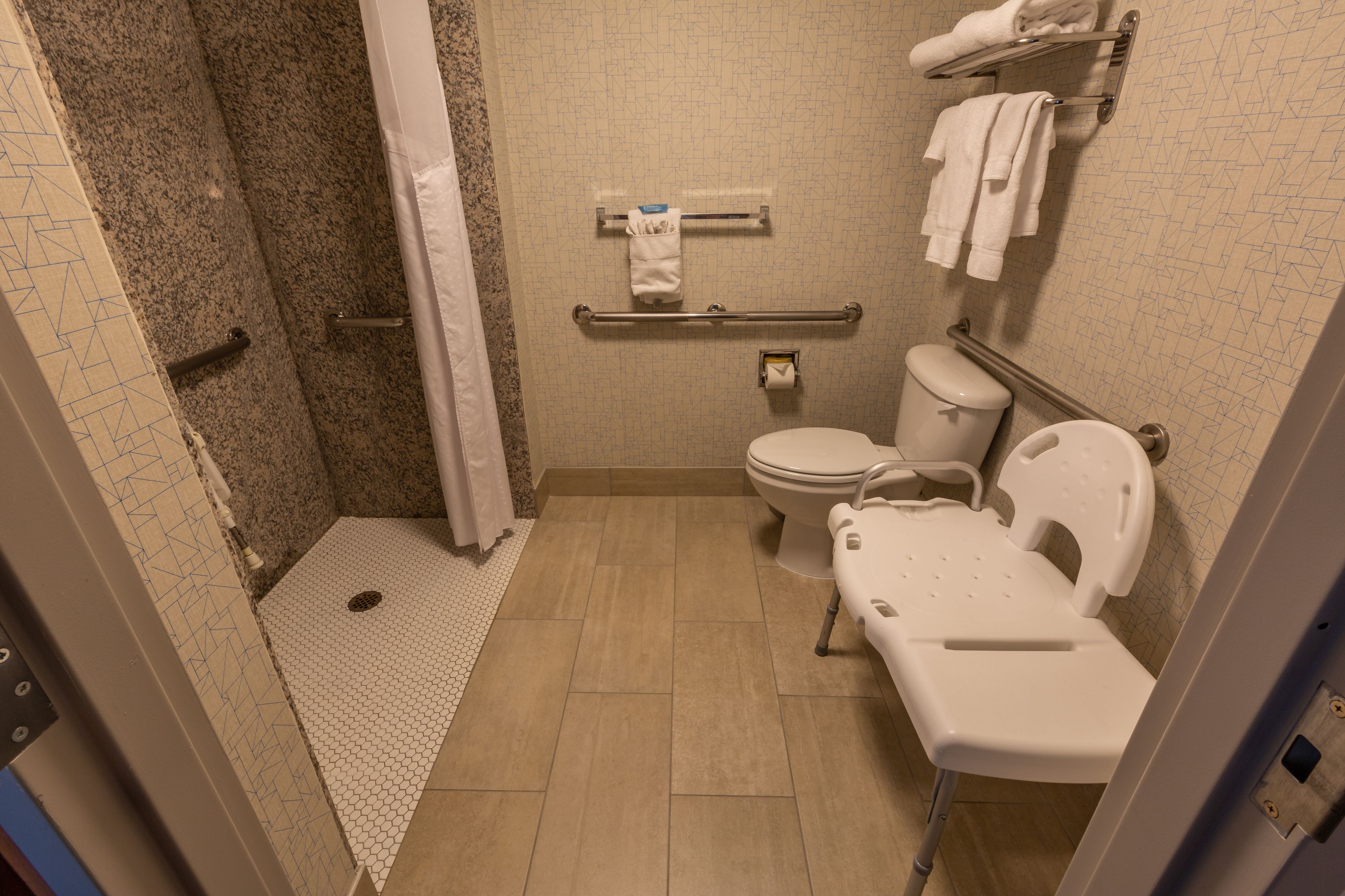 A bathroom with a shower, toilet, and a wheelchair-accessible bench.