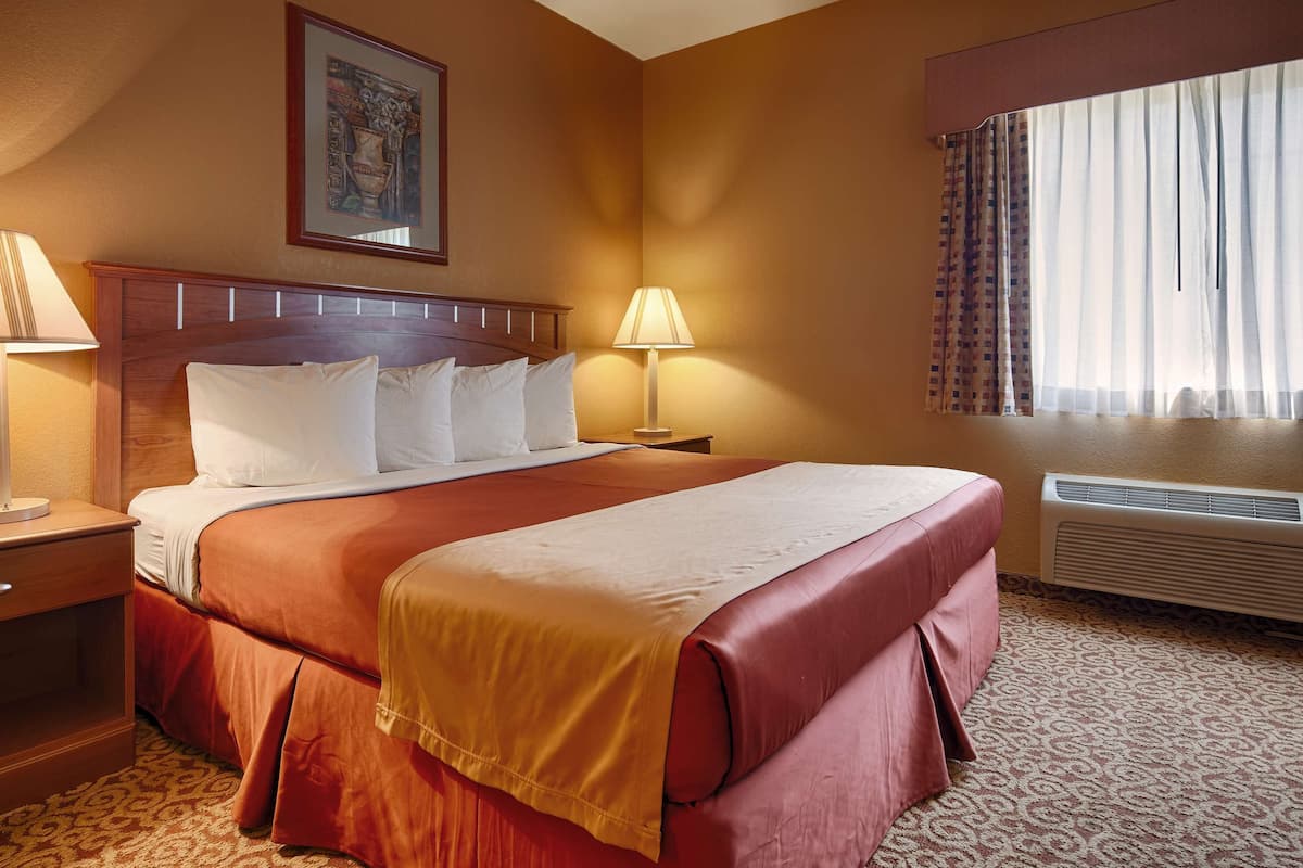 Une chambre d’hôtel avec un grand lit, deux lampes de chevet, une table de nuit, une fenêtre avec des rideaux et un appareil de climatisation.