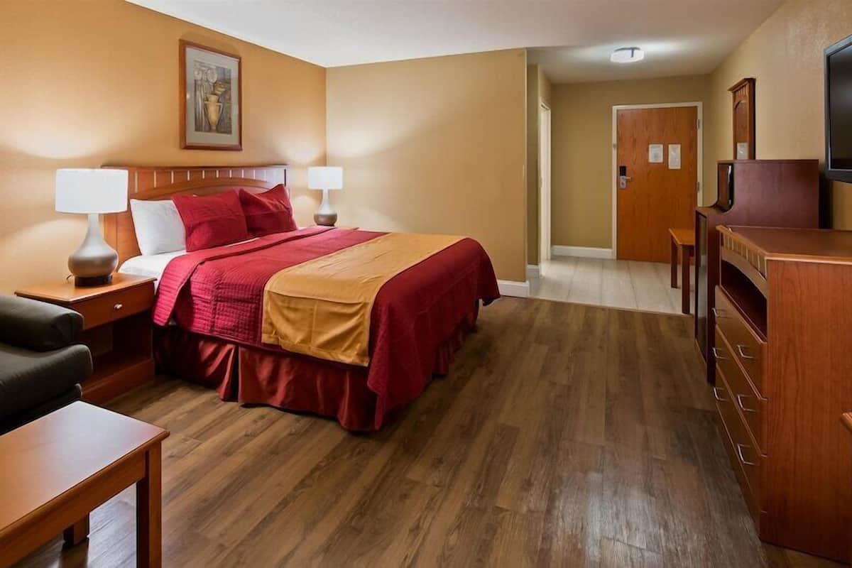 Une chambre d’hôtel avec un lit, un bureau, une chaise, une télévision et une porte.